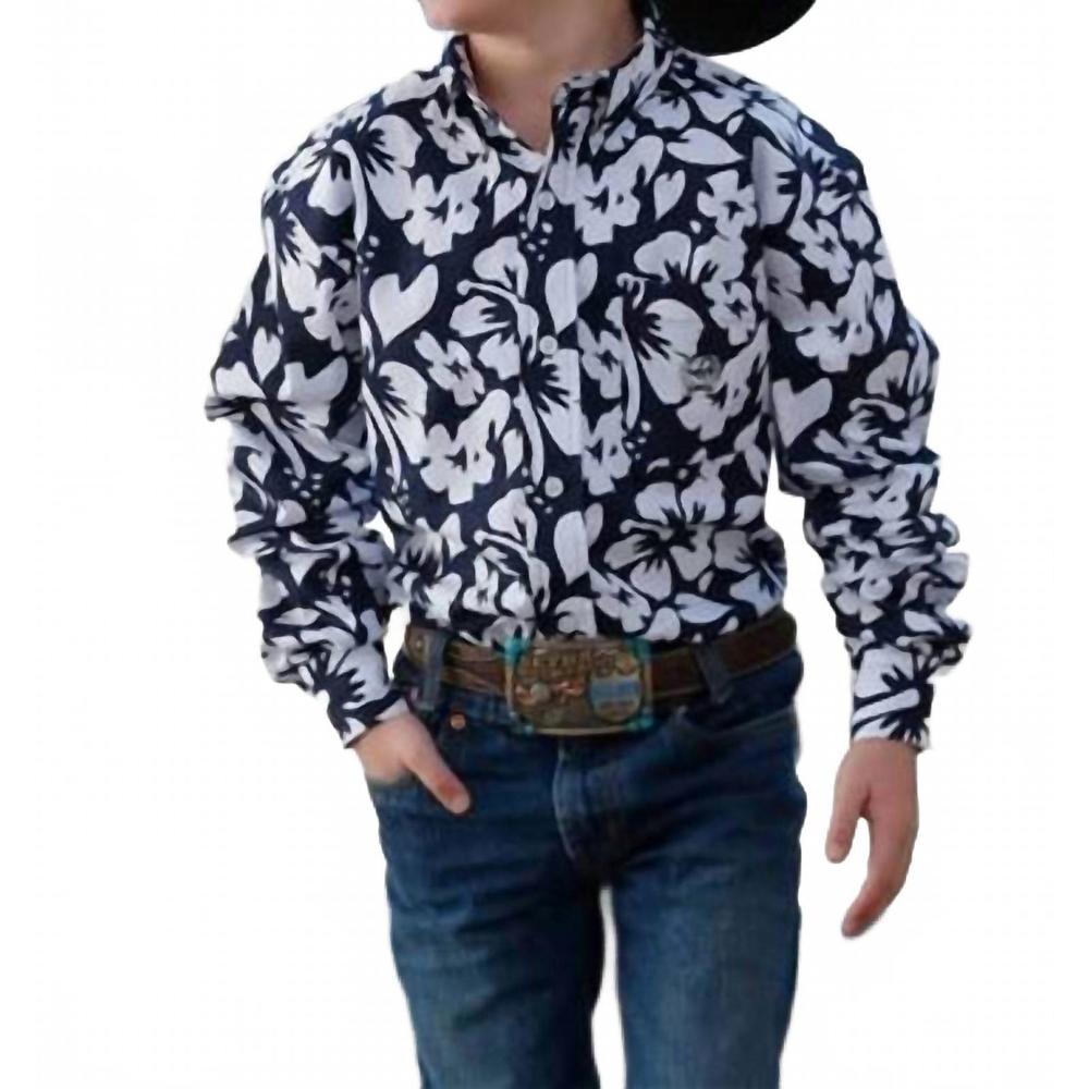 NEW CINCH boy's long sleeves hibiscus print in navy